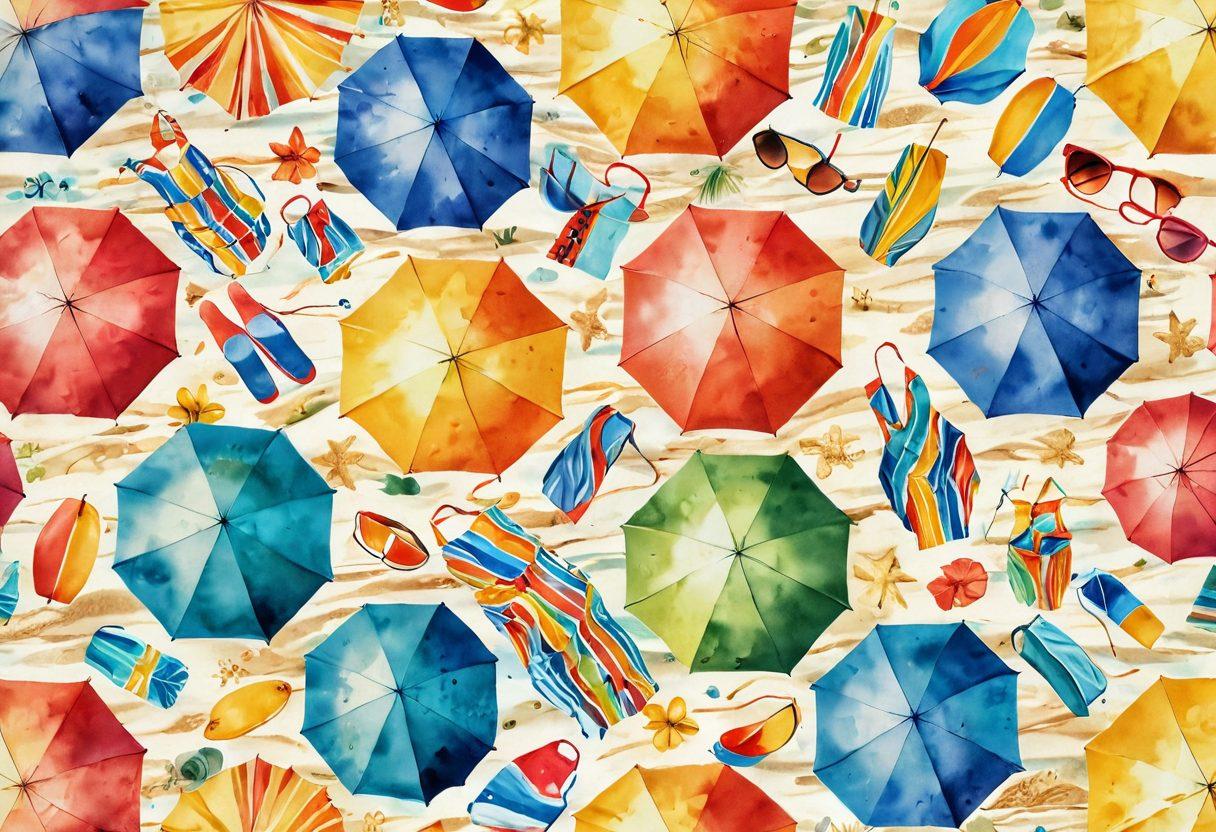 A vibrant beach scene showcasing a transition of swimwear styles from vintage to modern, intertwined with imagery representing emotions like nostalgia and joy. Include a diverse group of people reflecting various moods, with a backdrop of soft waves and sunny skies. Highlight colorful beach umbrellas and playful beach accessories to enhance the lively atmosphere. watercolor style. bright colors. dynamic composition.